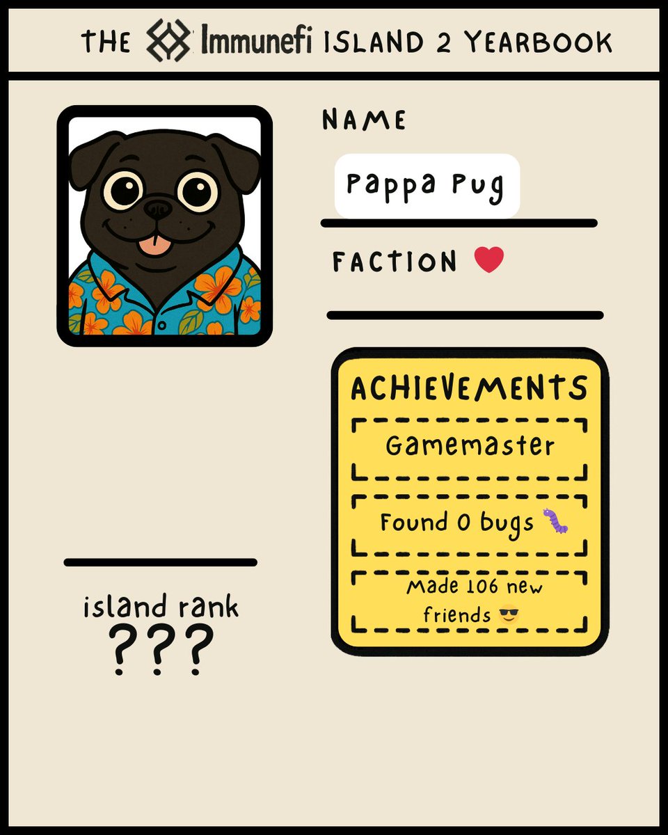 immunefi's tweet photo. ⏳ #ImmunefiIsland2 results are almost here!

🐾 Tomorrow, the Top 20 survivors will each receive an exclusive, personalized Yearbook Page from @OddlySpecivik (aka Pappa Pug).

🏆 Swing by our Discord on Friday for the live awards ceremony and see who takes the crown!