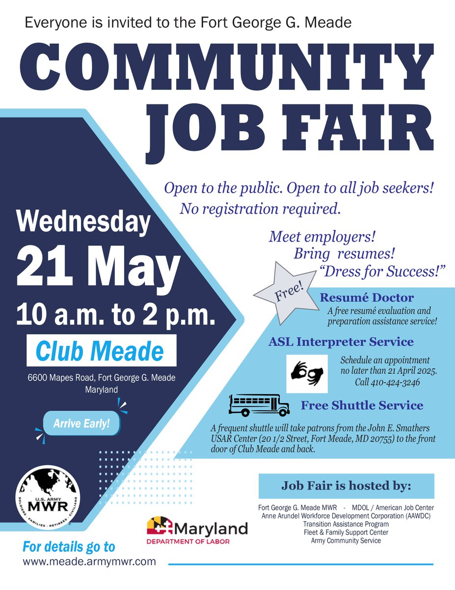 AAWDC (@aaworkforce) on Twitter photo Mark your calendars for the Fort George G. Meade Community Job Fair on Wednesday, May 21! A free shuttle service will take attendees from the John E. Smathers USAR Center to Club Meade and back.
<a href="/MD_Labor/">MD Department of Labor</a> #AAWDC #WorkforceDevelopment #NowHiring #HiringEvent #CareerSuccess Mark your calendars for the Fort George G. Meade Community Job Fair on Wednesday, May 21! A free shuttle service will take attendees from the John E. Smathers USAR Center to Club Meade and back.
<a href="/MD_Labor/">MD Department of Labor</a> #AAWDC #WorkforceDevelopment #NowHiring #HiringEvent #CareerSuccess