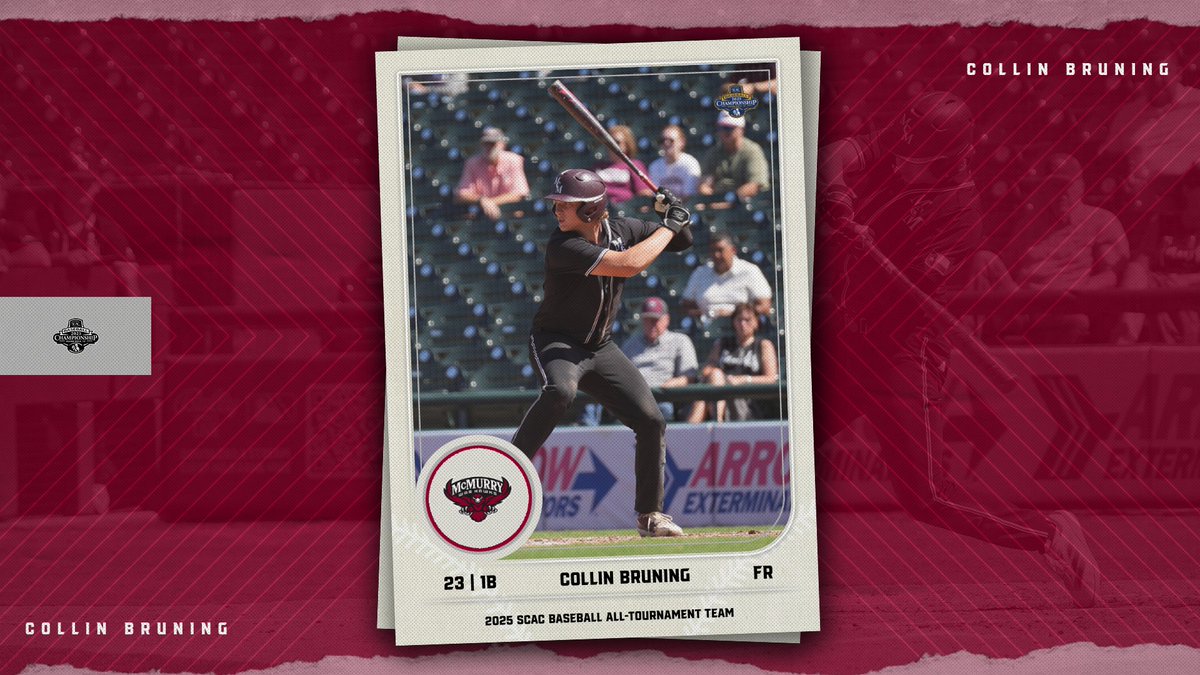 McMurry Athletics (@mcmsports) on Twitter photo Freshman First Baseman Collin Bruning named to the 2025 SCAC Baseball All-Tournament team. <a href="/McMurryBaseball/">McMurry Baseball</a> Freshman First Baseman Collin Bruning named to the 2025 SCAC Baseball All-Tournament team. <a href="/McMurryBaseball/">McMurry Baseball</a>