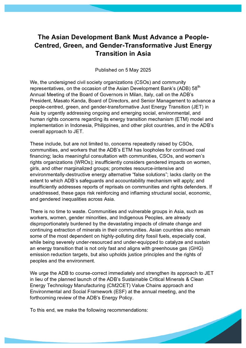 Fair Finance Asia (@fairfinanceasia) on Twitter photo On May 5, during the <a href="/ADB_HQ/">Asian Development Bank</a> #AnnualMeeting, CSOs issued a joint statement calling on ADB to advance a people-centered, green & #gendertransformative #JustEnergyTransition in Asia & address gaps in its #EnergyTransitionMechanism.
Read the statement:
bit.ly/3YrnkuM On May 5, during the <a href="/ADB_HQ/">Asian Development Bank</a> #AnnualMeeting, CSOs issued a joint statement calling on ADB to advance a people-centered, green & #gendertransformative #JustEnergyTransition in Asia & address gaps in its #EnergyTransitionMechanism.
Read the statement:
bit.ly/3YrnkuM