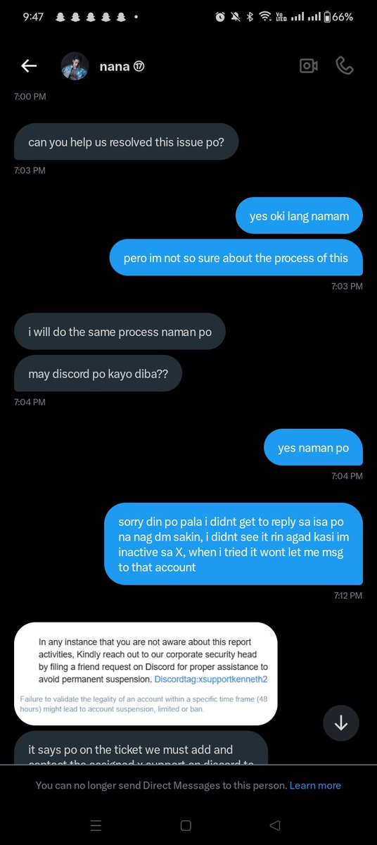 featwonhan's tweet photo. hi! I am posting this for awareness 

do not respond to someone dm-ing you about your account being "mass reported by accident" they are doing this to scama dn access your account 

for those who are moots with ate nana, username: @H0NEY9YU be careful po :((( https://t.co/LXCaaf2m6y