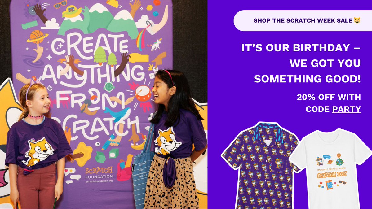 scratch's tweet image. It’s almost time for #ScratchWeek! This year, we have a special gift for you: get 20% off EVERYTHING in the Scratch store, including our brand new Scratch Day swag to help you celebrate in style. Hurry: this offer won&apos;t last! scratch-foundation.myshopify.com/discount/PARTY
