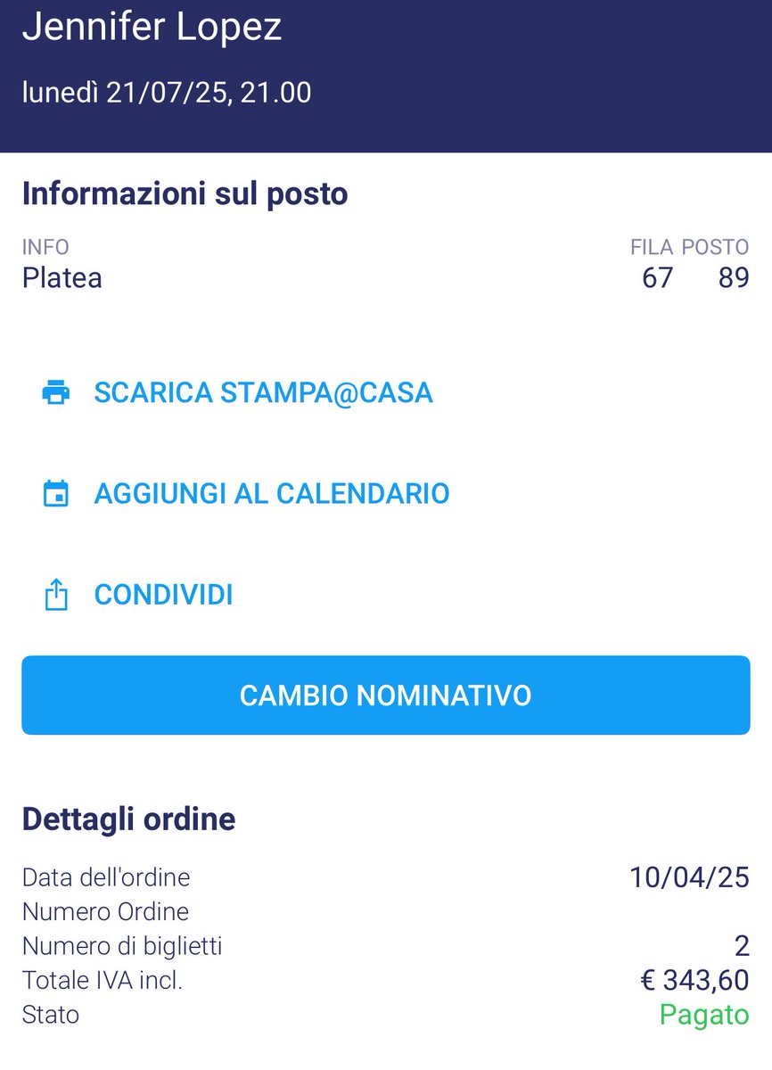 Ho 2 biglietti per Jennifer Lopez , invece che 343,60 gli do via a 300 , se a qualcuno interessa mi faccia sapere , il concerto si terrà a Lucca Summer festival , Italia