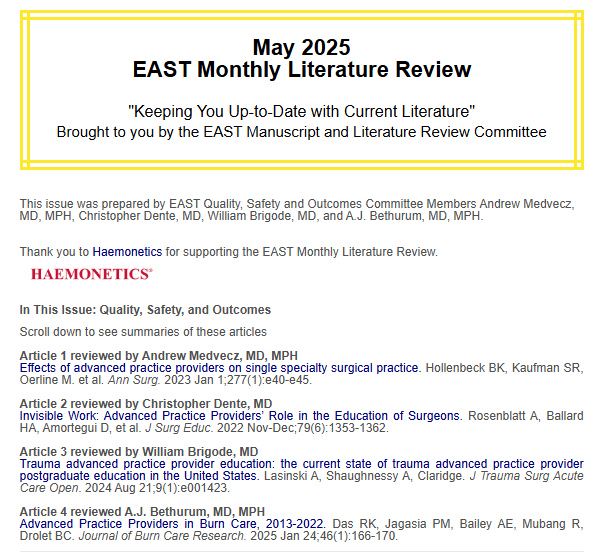 EAST (@east_trauma) on Twitter photo This month’s EAST Monthly Literature Review Quality, Safety and Outcomes is brought to you by Andrew Medvecz, MD, MPH, Christopher Dente, MD, William Brigode, MD, and A.J. Bethurum, MD, MPH.
Thank you to our sponsor <a href="/HaemoneticsCorp/">Haemonetics Corp</a>! Read the #EASTLitReview here and share your This month’s EAST Monthly Literature Review Quality, Safety and Outcomes is brought to you by Andrew Medvecz, MD, MPH, Christopher Dente, MD, William Brigode, MD, and A.J. Bethurum, MD, MPH.
Thank you to our sponsor <a href="/HaemoneticsCorp/">Haemonetics Corp</a>! Read the #EASTLitReview here and share your