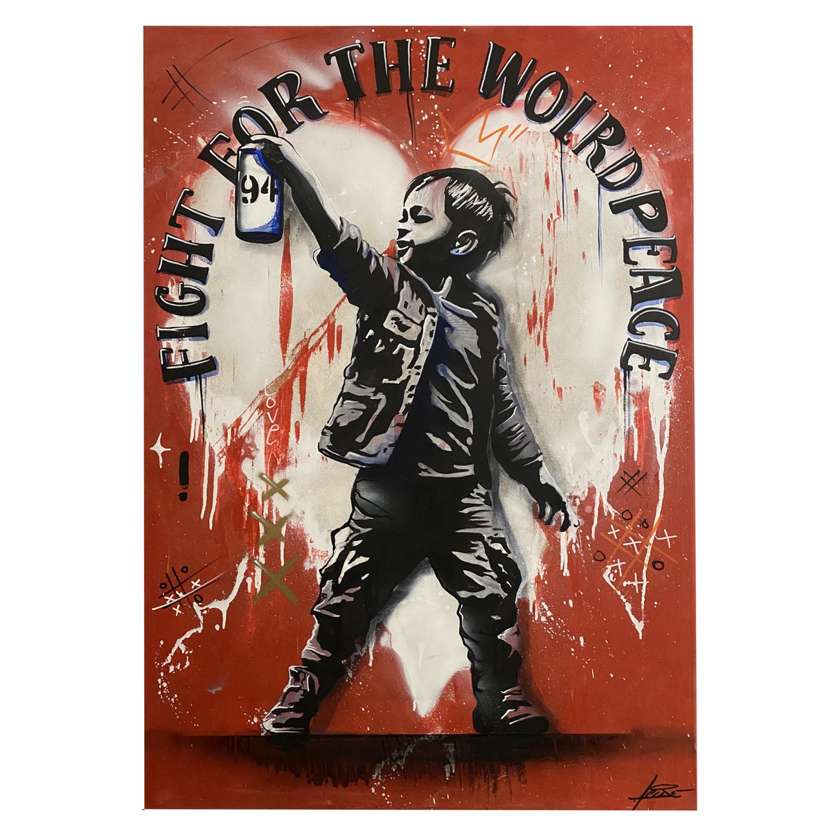 Fight for the World Peace (2025)

Created by Acide during a live painting event at a school in Nice, this artwork on canvas (116 x 81 x 2 cm) portrays a child in black, white, and gray, wielding a spray paint can against a bold red background. The message “Fight for the World