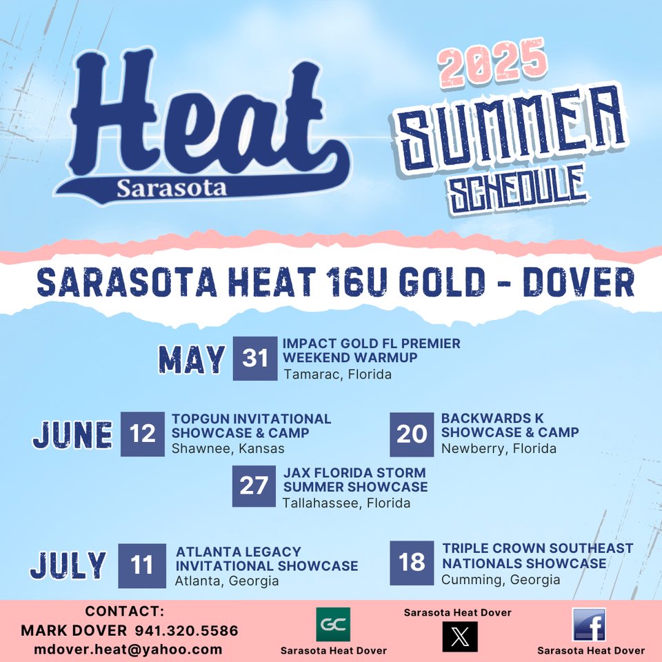 Allison Timmons (@allisont_9) on Twitter photo Here is my 2025 summer season schedule! I can’t wait to play with this group of amazing girls! @SarasotaHeat18u
<a href="/SoFlaFastpitch/">South Fla Fastpitch Group</a>
<a href="/NP_Recruiting/">National Pros Recruiting</a>
<a href="/IHartFastpitch/">I❤️Fastpitch</a>
<a href="/gatorjack72/">Girls In The Game</a>
<a href="/SoftballDown/">Down South Softball</a>
<a href="/UncommittedUsa/">UncommittedPlayersUSA</a>
<a href="/SUncommitted/">Softball Uncommitted</a>
<a href="/SoftballRecruit/">Softball Recruit 🥎</a>
<a href="/LegacyLegendsS1/">Legacy & Legends Softball</a>
<a href="/ExtraInningSB/">EXTRA INNING SOFTBALL</a>
<a href="/AcesSpotlight/">Student ACES Sports Spotlight</a> Here is my 2025 summer season schedule! I can’t wait to play with this group of amazing girls! @SarasotaHeat18u
<a href="/SoFlaFastpitch/">South Fla Fastpitch Group</a>
<a href="/NP_Recruiting/">National Pros Recruiting</a>
<a href="/IHartFastpitch/">I❤️Fastpitch</a>
<a href="/gatorjack72/">Girls In The Game</a>
<a href="/SoftballDown/">Down South Softball</a>
<a href="/UncommittedUsa/">UncommittedPlayersUSA</a>
<a href="/SUncommitted/">Softball Uncommitted</a>
<a href="/SoftballRecruit/">Softball Recruit 🥎</a>
<a href="/LegacyLegendsS1/">Legacy & Legends Softball</a>
<a href="/ExtraInningSB/">EXTRA INNING SOFTBALL</a>
<a href="/AcesSpotlight/">Student ACES Sports Spotlight</a>