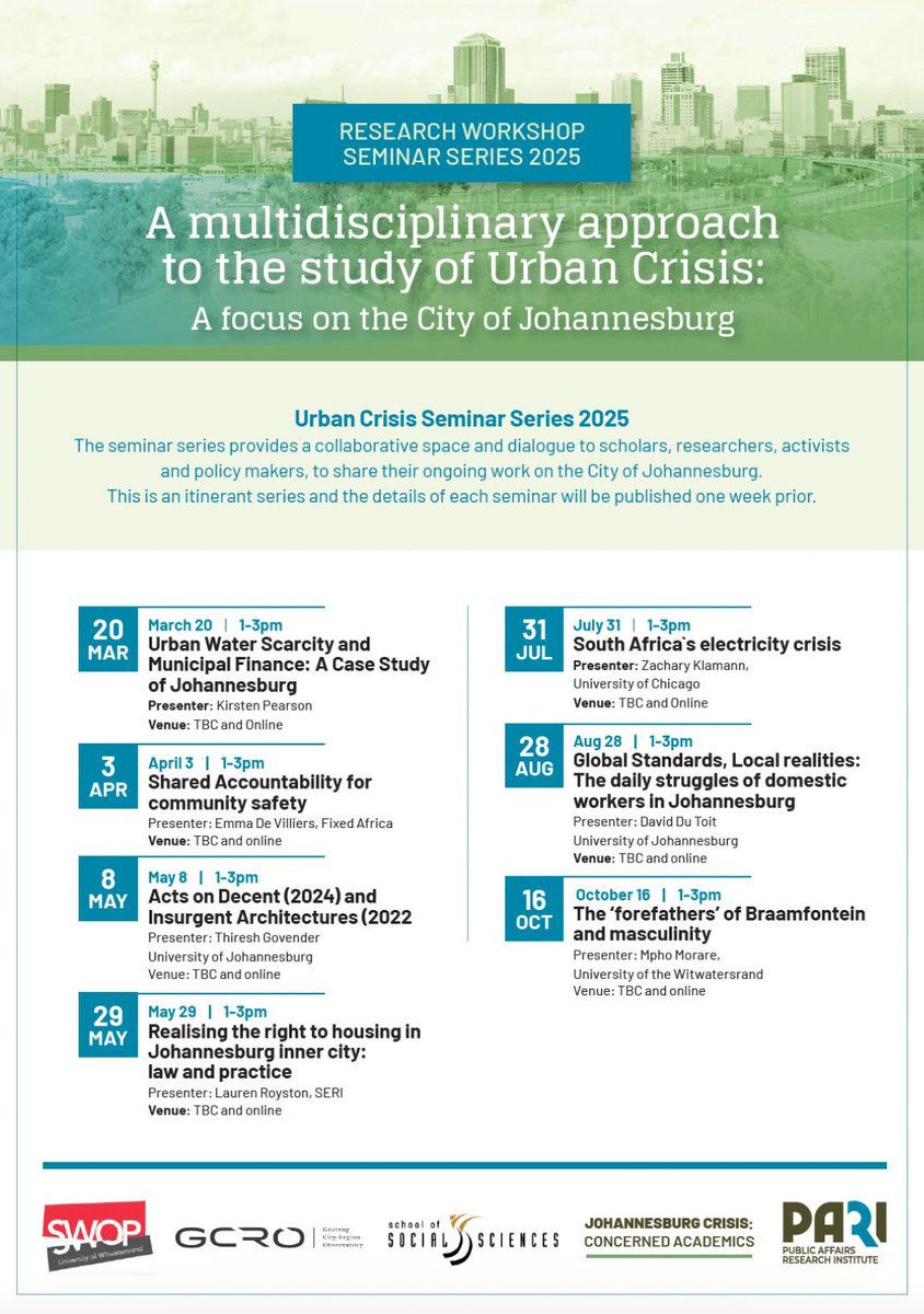 PARInstitute's tweet photo. Joburg Urban Crisis Seminar on 8 May, 1–3pm
Acts on Decent and Insurgent Architectures - https://t.co/pWNaFmIbbF 
Register to join in person: https://t.co/H5jv0euwW9 
or to attend online: https://t.co/72rMOiHgC2  
@SWOPInstitute @GCR_Observatory https://t.co/M1XmeEyDOi