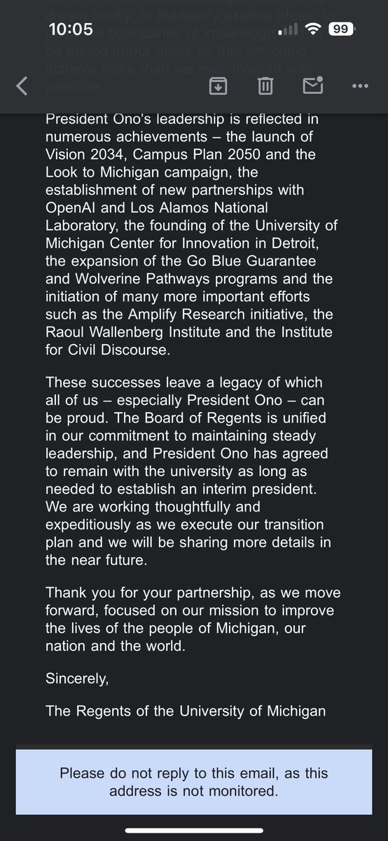 INBOX: University of Michigan Board of Regents response to President Santa Ono being selected as the sole finalist to lead University of Florida 👀 
#Michigan #Florida #umich