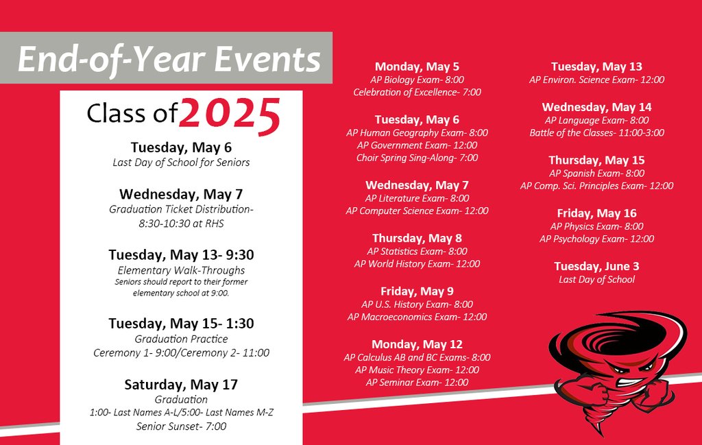 Today is the first day of AP testing, and our Celebration of Excellence is tonight at 7:00 at The Center for the Arts.