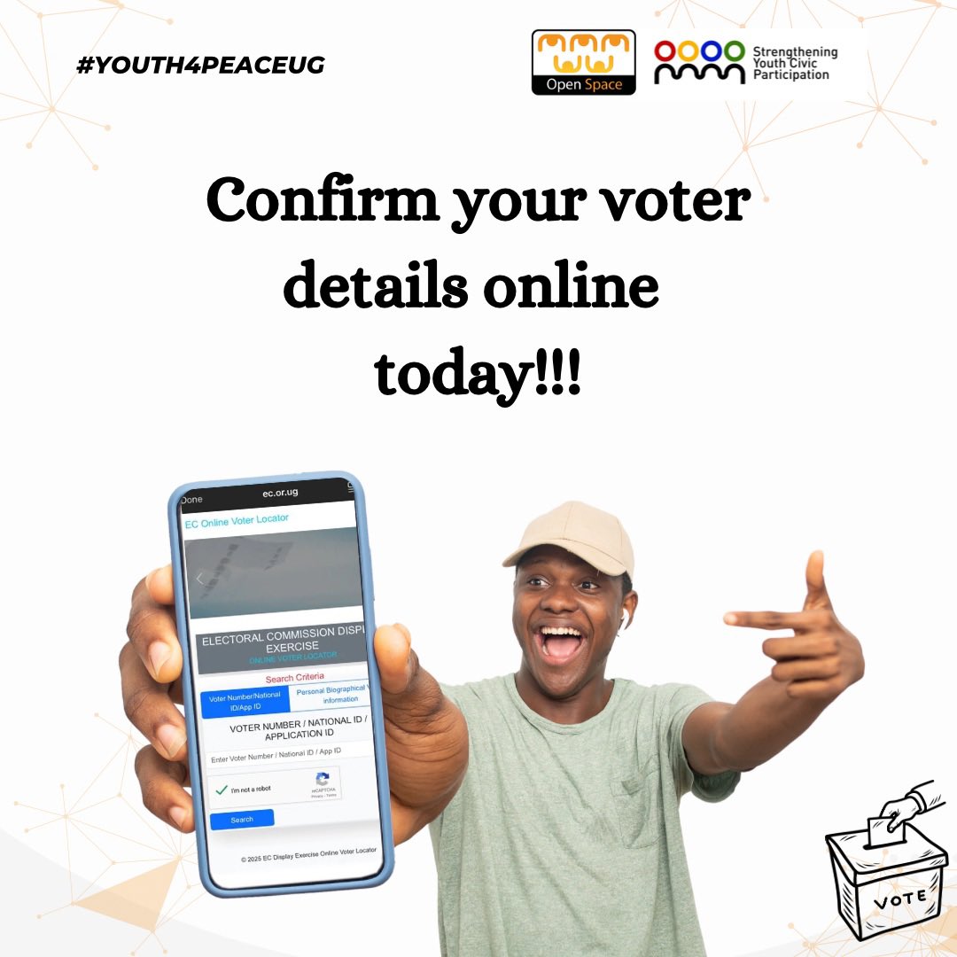 Open Space Centre (@openspaceuganda) on Twitter photo Oh… I can’t travel to my home district to verify my voter details? No worries.
<a href="/UgandaEC/">The Electoral Commission - Uganda</a> has made it super easy just head over to:
ec.or.ug/register/
Verify your details in minutes and be #Ready2Vote
#Youth4PeaceUg Oh… I can’t travel to my home district to verify my voter details? No worries.
<a href="/UgandaEC/">The Electoral Commission - Uganda</a> has made it super easy just head over to:
ec.or.ug/register/
Verify your details in minutes and be #Ready2Vote
#Youth4PeaceUg