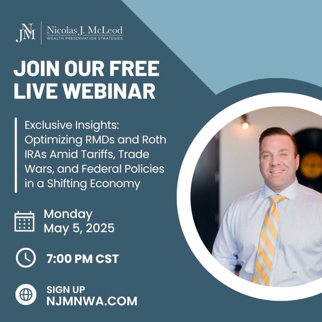 NJMWealth's tweet image. Join us for a FREE #financialwebinar: “Exclusive Insights: Optimizing #RMDs &amp;amp; #RothIRAs Amid #Tariffs, #TradeWars, &amp;amp; #FederalPolicies in a Shifting #Economy”

🗓 TONIGHT @ 7 PM CT 🕖

🔗 Register now &amp;amp; take the first step toward #financialsecurity: bit.ly/3H3QSFo
