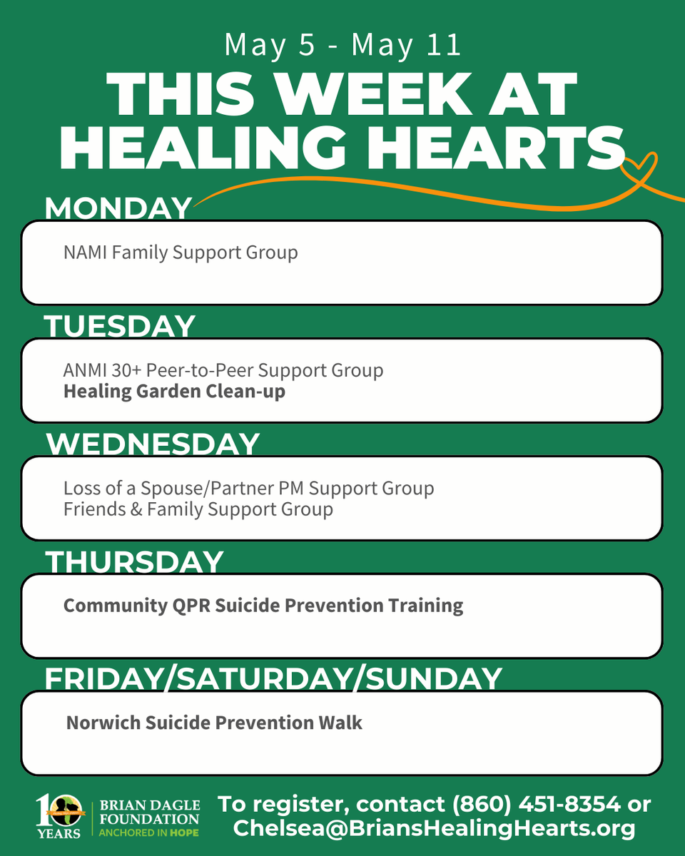 BTDFDN's tweet image. 📅 THIS WEEK AT BRIAN'S HEALING HEARTS 📅
⁠
FOR MORE INFORMATION:⁠
☎️ CALL (860) 451-8354⁠
📧 EMAIL Chelsea@BriansHealingHearts.org⁠
📲 VISIT BriansHealingHearts.org⁠/Events⁠
⁠
#griefandhealing #healinggrief #griefrecovery #griefandlosssupport #griefawareness #suicideloss