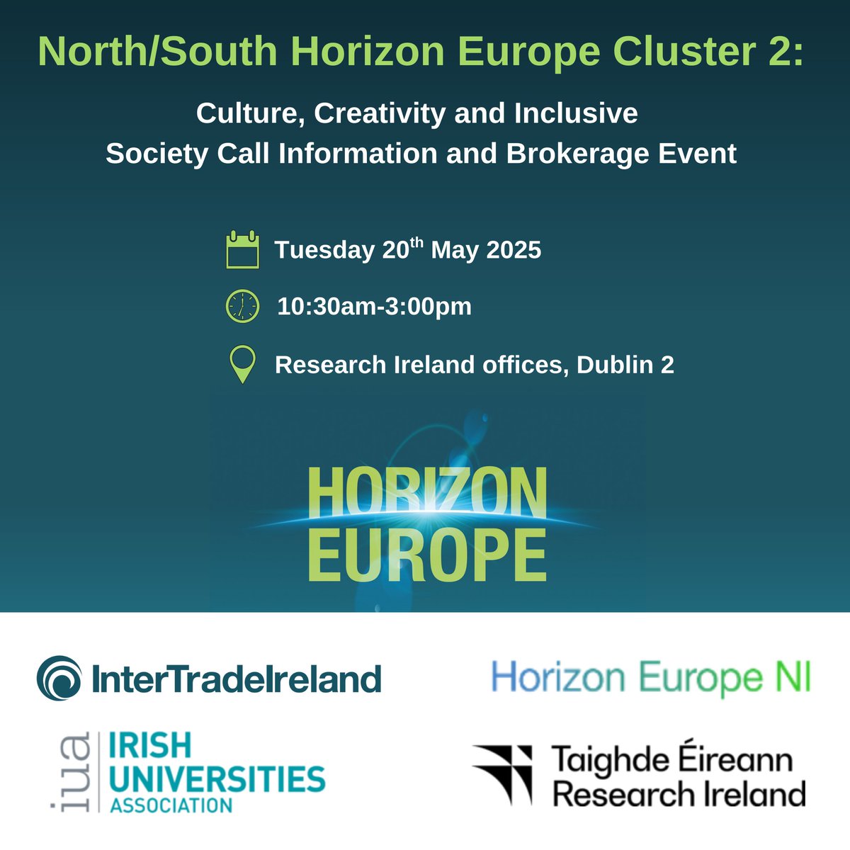 Are you looking for a partner in the upcoming Horizon Europe Cluster 2: Culture, Creativity and Inclusive Society calls?

🗓️Tuesday 20th May 2025
🕥10:30am - 3pm
📍Research Ireland offices, Three Park Place, Hatch Street Upper, Dublin 2

Register today: eu1.hubs.ly/H0jNYJ50