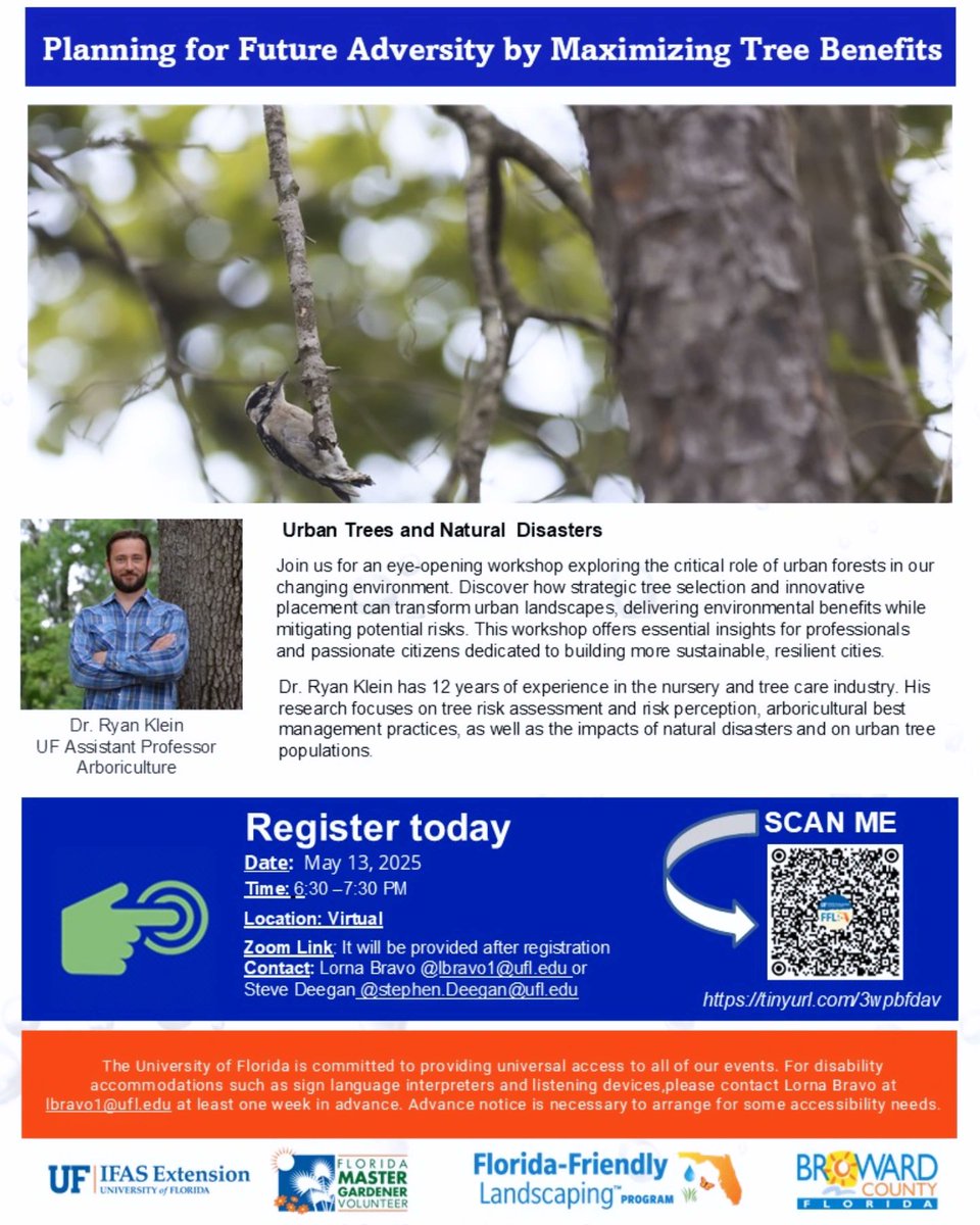 Join us May, 13 at 6:30 PM for a  webinar with UF’s Dr. Ryan Klein! 🌳
Discover how urban trees help protect communities from natural disasters.#urbanforestry #naturaldisaster #ufifas #webinar