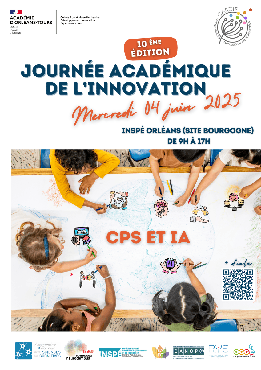 [SAVE THE DATE] 
JAI, le 04 juin 2025
<a href="/ac_orleanstours/">Académie d'Orléans-Tours</a> <a href="/dsden37/">DSDEN d'Indre-et-Loire - Académie d'Orléans-Tours</a> <a href="/dsden18/">DSDEN du Cher - Académie d'Orléans-Tours</a> <a href="/dsden45/">DSDEN du Loiret</a> <a href="/dsden41/">DSDEN de Loir-et-Cher - Académie d'Orléans-Tours</a> <a href="/dsden28/">DSDEN d’Eure-et-Loir - Académie d’Orléans-Tours</a> <a href="/Canope_DTCVL/">Réseau Canopé Centre-Val de Loire</a> <a href="/INSPECVL/">INSPÉ Centre Val de Loire</a>
 #CPS #SciencesCognitives #IA