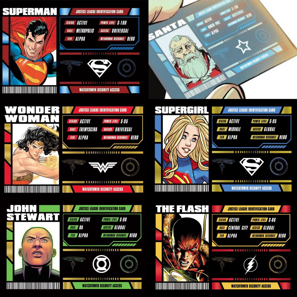 dcuworld's tweet photo. The Justice League members power levels according to their membership cards!!

-Superman:100
-Santa-100
-Wonder Woman:95
-Supergirl-95
-Green Lantern(John Stewart)-90
-The Flash:86
-Green Lantern(Hal Jordan)-80
-Batman:75
-Aquaman-70
-Zatanna-65
-Green Arrow-55 
-Booster Gold:40 https://t.co/kuZGC8h1qW