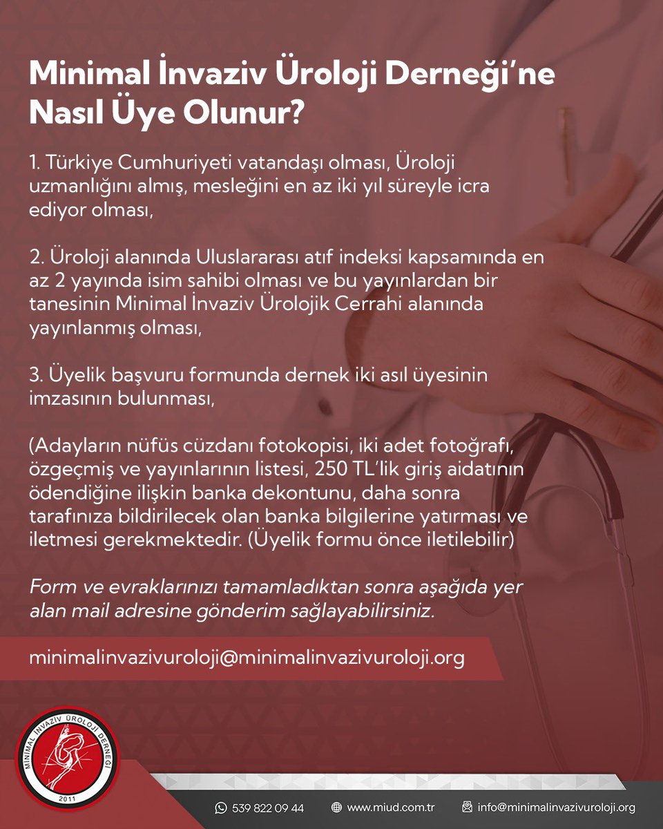 📢 Ürologlar dikkat!
Minimal İnvaziv Üroloji Derneği’ne (MİÜD) katılmak ister misiniz?
Üyelik için gerekli şartlar ve başvuru süreci için miud.com.tr/dernek-uyeligi/ adresini ziyaret edebilir, form ve belgelerinizi tamamladıktan sonra başvurunuzu hemen iletebilirsiniz.
📩