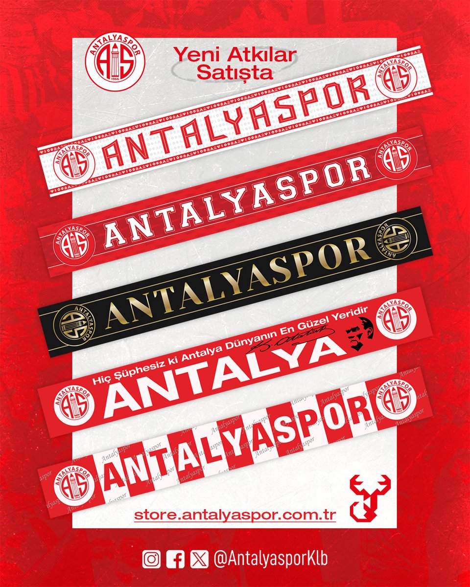 🧣 Yeni modelleri ile birlikte stokları güncellenen şal atkılarımız, Antalyaspor Store mağazalarımız ve online store adresimizde sizleri bekliyor.

 🛒 store.antalyaspor.com.tr/kategori/atki

#Antalyaspor
#SevdamızAntalyaspor
