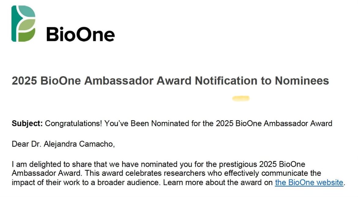 ¡Felicitamos a la Dra. Alejandra Camacho por su nominación al 2025 BioOne Ambassador Award! Su compromiso por comunicar la ciencia con impacto ha sido reconocido a nivel internacional. ¡Orgullo <a href="/PUCE_Ecuador/">PUCE Ecuador</a> y de la Red de Científicas Puce! #MujeresEnCiencia <a href="/CientificasEC/">👩🏽‍🎓CientíficasEcuador🇪🇨</a>