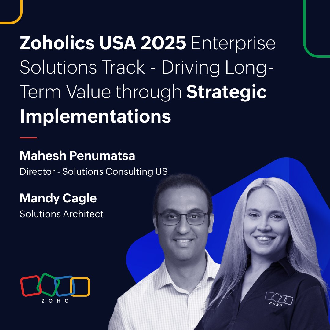 Zoho_USA's tweet image. Join Mahesh and Mandy at Zoholics’ Enterprise Solutions Track to learn best practices for efficient software delivery. Discover how a strategic approach can speed up implementation and ensure long-term success. Register Here 👉zurl.co/AJlEJ   #SoftwareImplementation