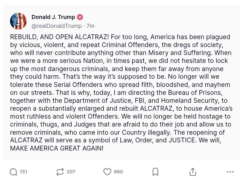 Wait until Trump realizes Alcatraz is in California.