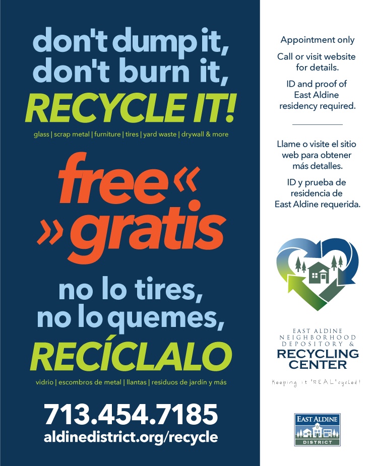 Don't dump it or burn it! ♻️ Recycle glass, scrap metal, furniture, tires, yard waste, drywall and more in East Aldine!