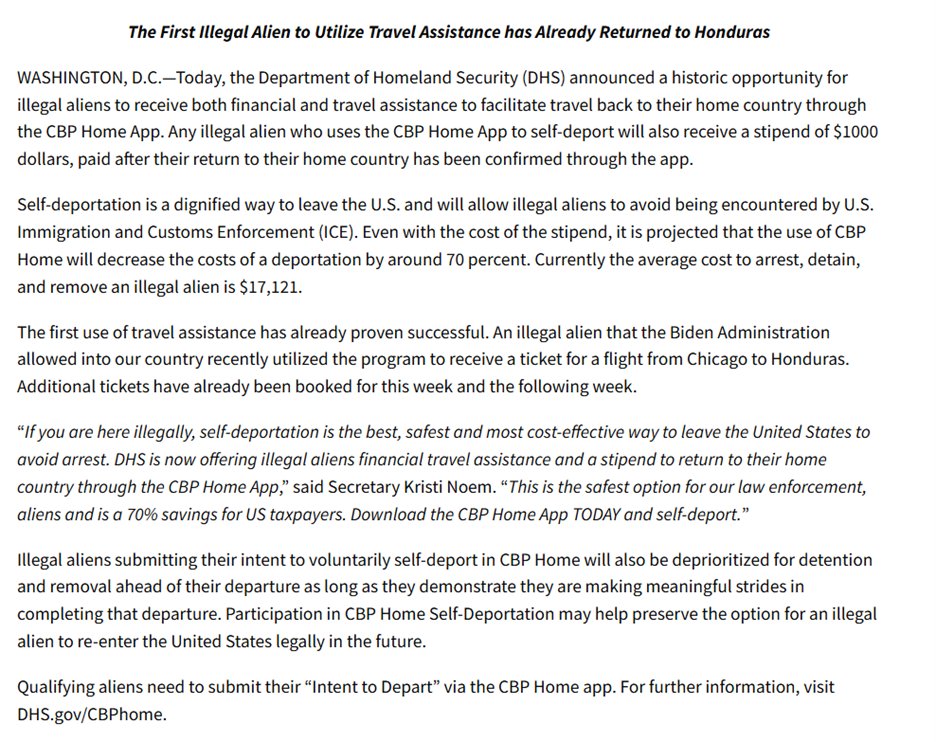 The Trump administration announces it will give migrants who self-deport free airline tickets and a $1,000 stipend.

The Department of Homeland Security says it will de-prioritize migrants for arrest and detention, if they sign up for self-deportation via the CBP Home app.