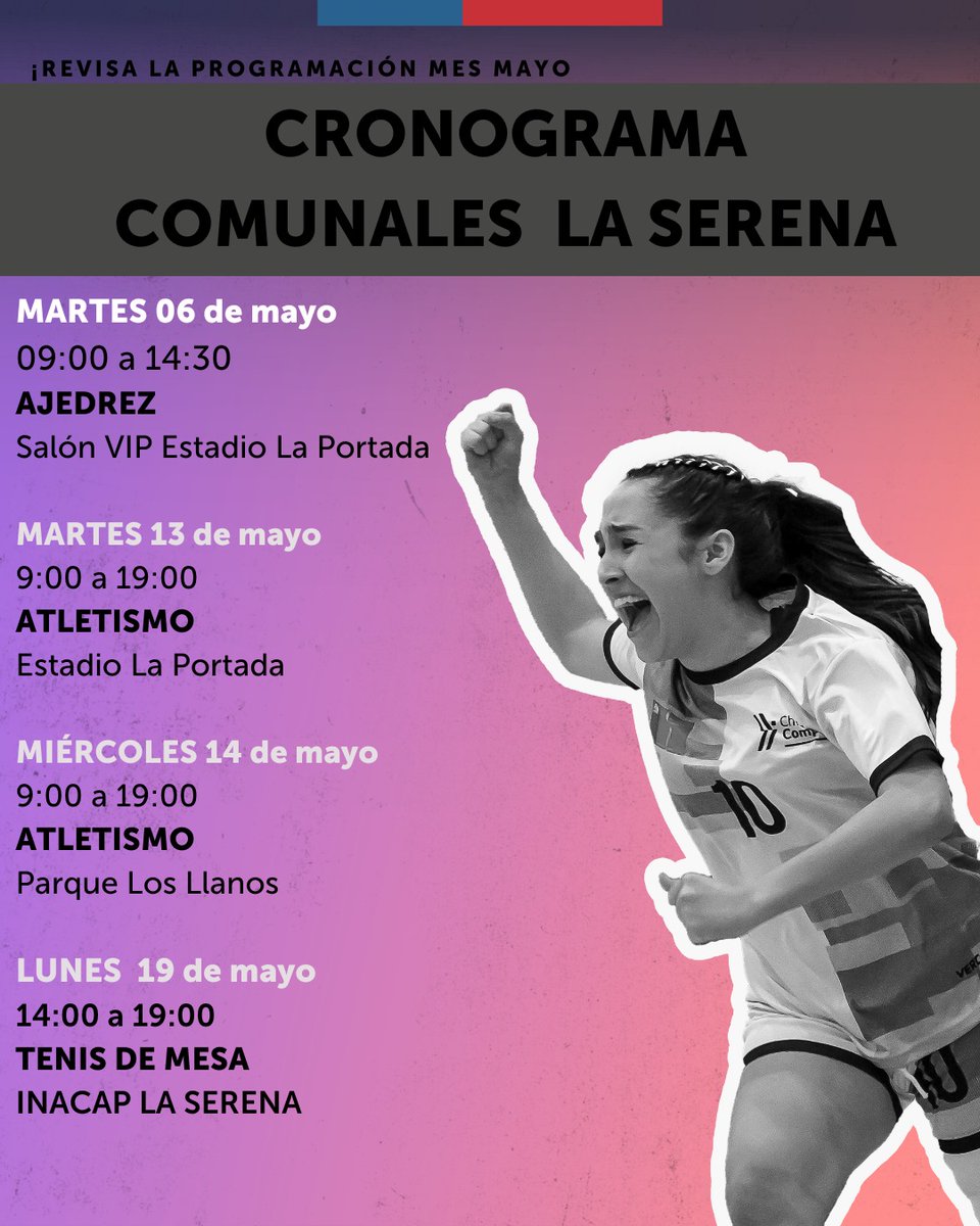 Los Juegos Deportivos Escolares ya se viven en  La Serena. 
Revisa las competencias comunales que tenemos programadas para el mes de mayo.🏓♟🏃‍♀️🏃🏆
¡Anímate, participa y apoya a tu colegio!