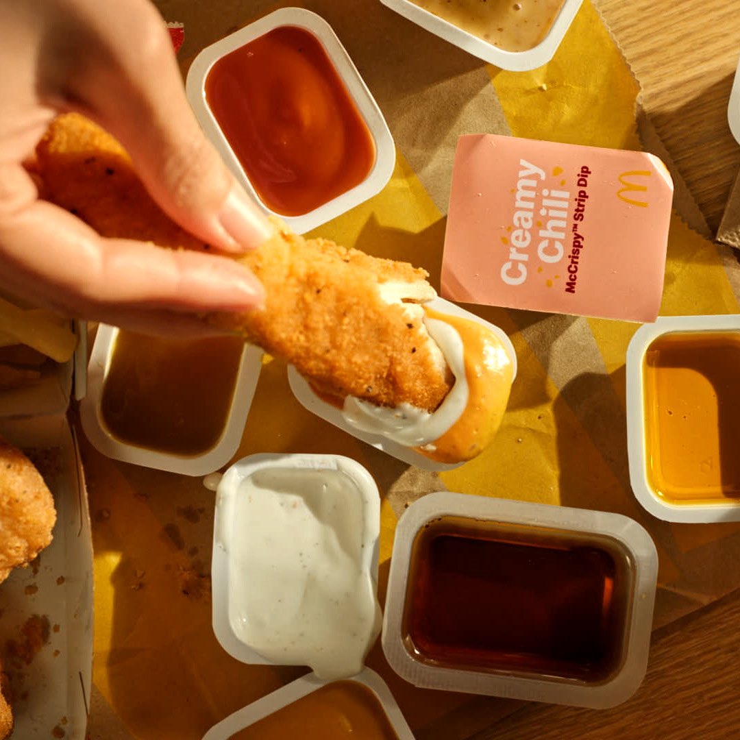 McDonalds's tweet image. my fave dipping utensil is here. and it’s chicken. McCrispy Strips and dip are out now.