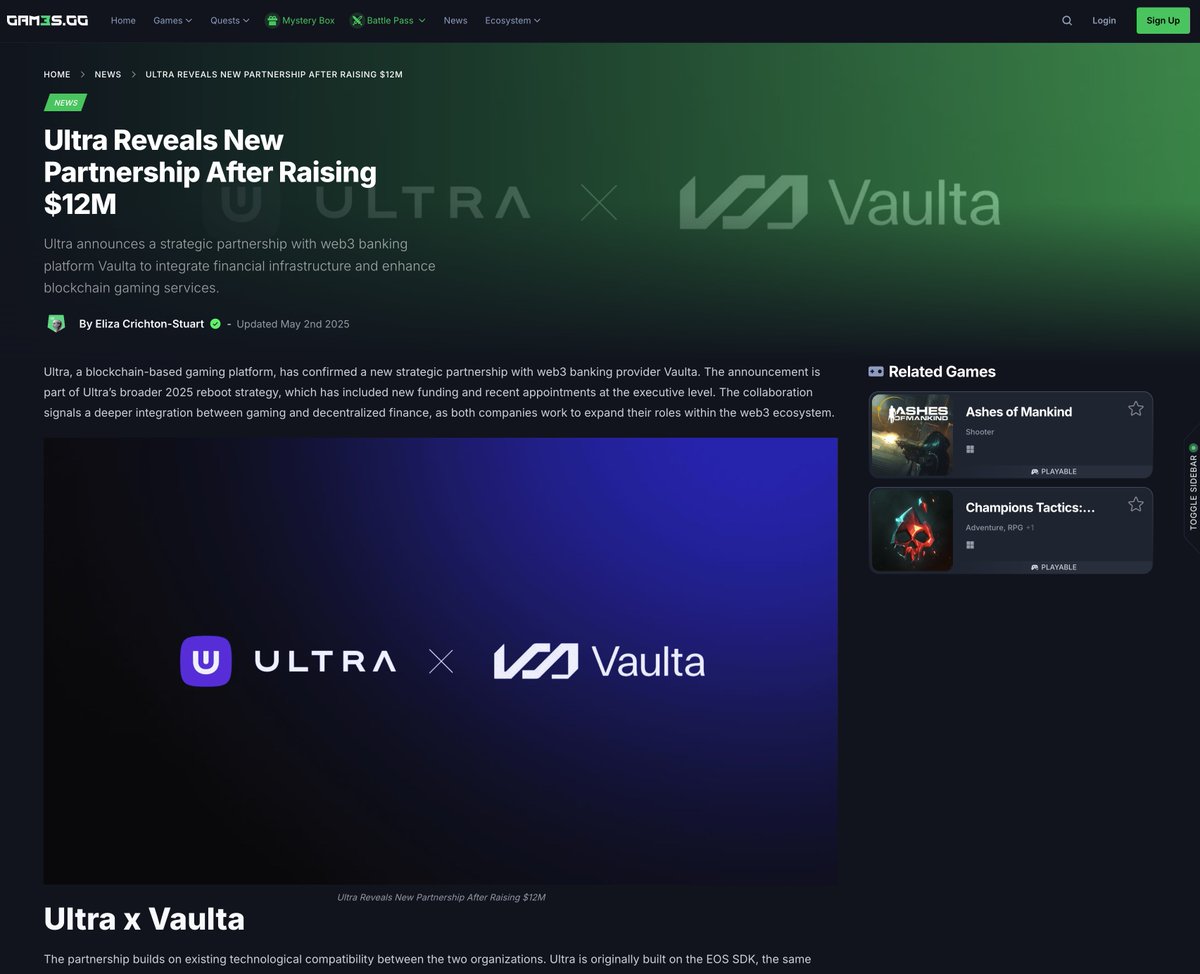 UltraEco_'s tweet image. Ultra’s strategic partnership with @Vaulta_ was just covered by our friends at @GAM3Sgg_ via @ElizaCrichtonS 💥
This partnership "reflects a growing trend in the integration of gaming platforms with financial infrastructure..."
Check out the full article ⤵️