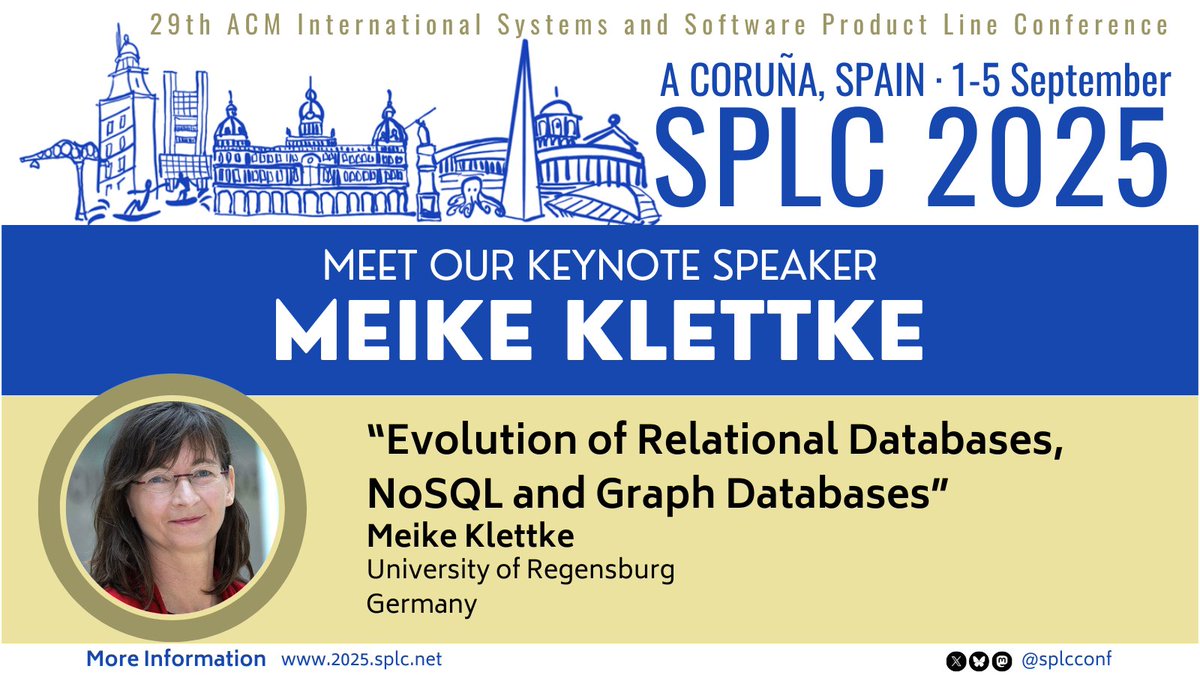 📢 Get ready for a fascinating keynote by <a href="/MeikeKlettke/">Meike Klettke</a> from <a href="/uni_regensburg/">Universität Regensburg</a>: "Evolution of Relational Databases, NoSQL, and Graph Databases" — a journey through the past, present, and future of data!

🚀 A must-see for anyone shaping the future of data!

#SPL #Databases #Keynote