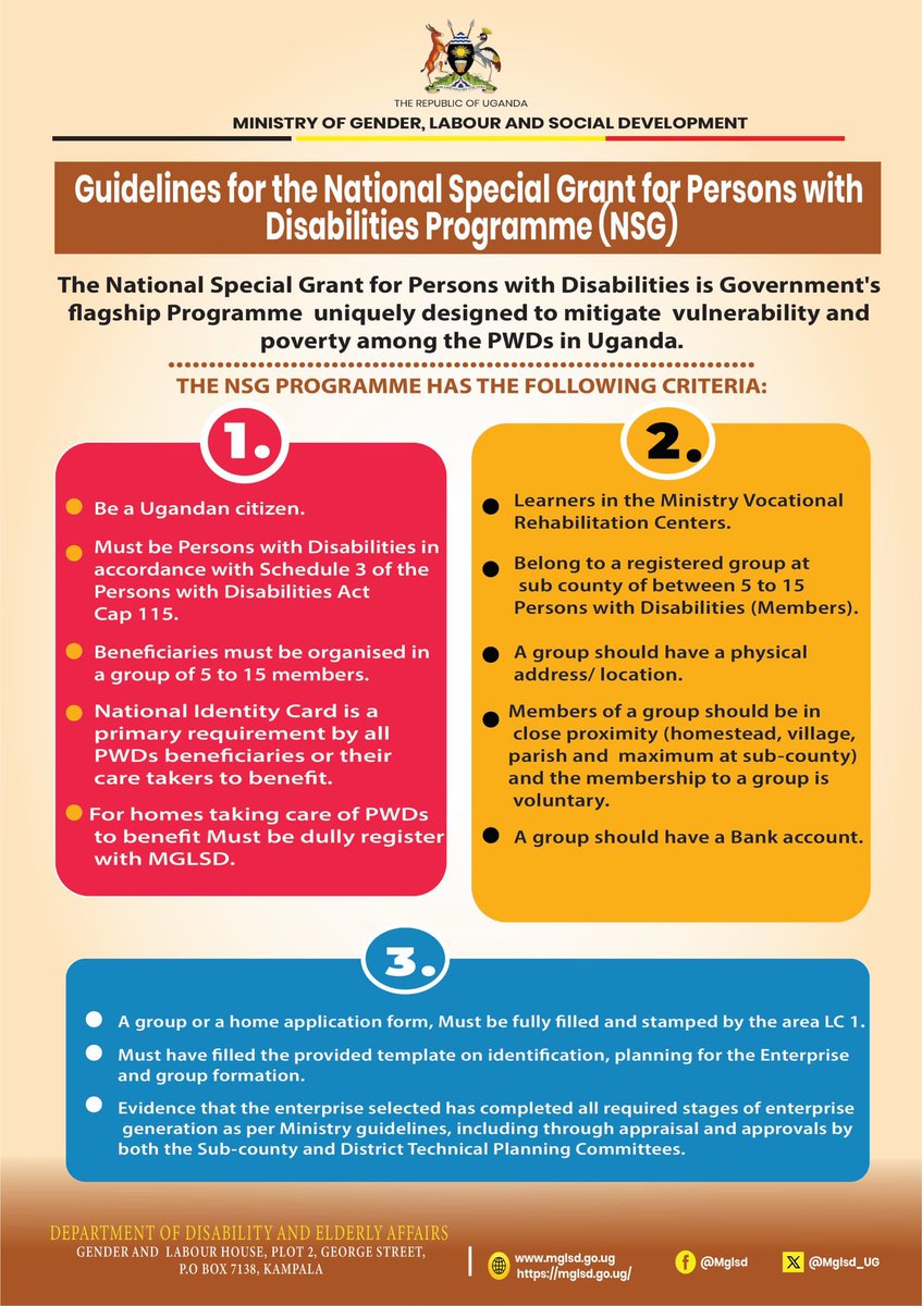 Ministry of Gender, Labour and Social Development (@mglsd_ug) on Twitter photo In efforts to uplift the livelihoods of Persons with Disabilities across the country, <a href="/Mglsd_UG/">Ministry of Gender, Labour and Social Development</a> initiated the National Special Grant for Persons with Disabilities, which has impacted many lives.See flier for detailed guidelines on how to be part or guide potential beneficiaries. In efforts to uplift the livelihoods of Persons with Disabilities across the country, <a href="/Mglsd_UG/">Ministry of Gender, Labour and Social Development</a> initiated the National Special Grant for Persons with Disabilities, which has impacted many lives.See flier for detailed guidelines on how to be part or guide potential beneficiaries.