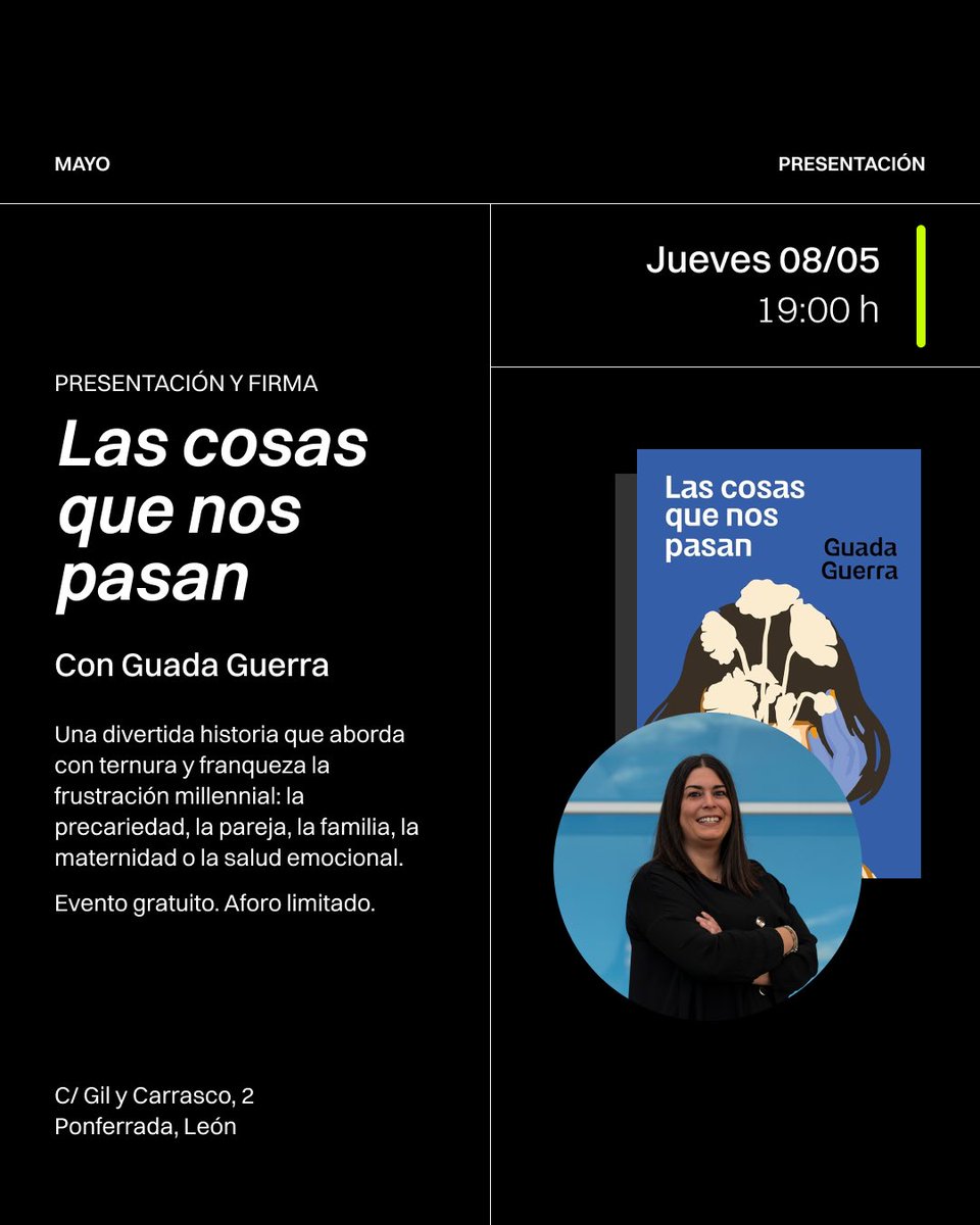 El Libro Imposible (@libro_imposible) on Twitter photo ¡Este jueves, a las 19h! Recibimos la visita de la periodista y escritora viguesa Guada Guerra, que viaja desde Galicia para presentar su primera novela ‘Las cosas que nos pasan’ (Plaza & Janés) ¡No os lo podéis perder! ¡Este jueves, a las 19h! Recibimos la visita de la periodista y escritora viguesa Guada Guerra, que viaja desde Galicia para presentar su primera novela ‘Las cosas que nos pasan’ (Plaza & Janés) ¡No os lo podéis perder!