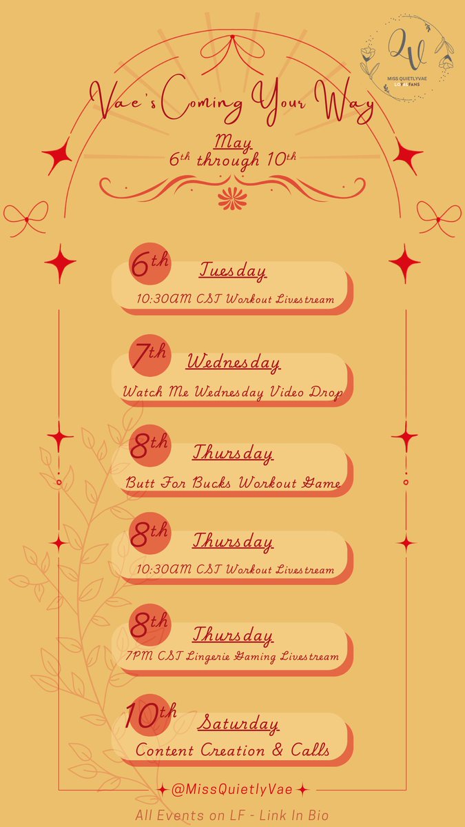 Vae's Coming Your Way!!

Event &amp; Stream schedule for the week!! 

May 6th- May 10th!!