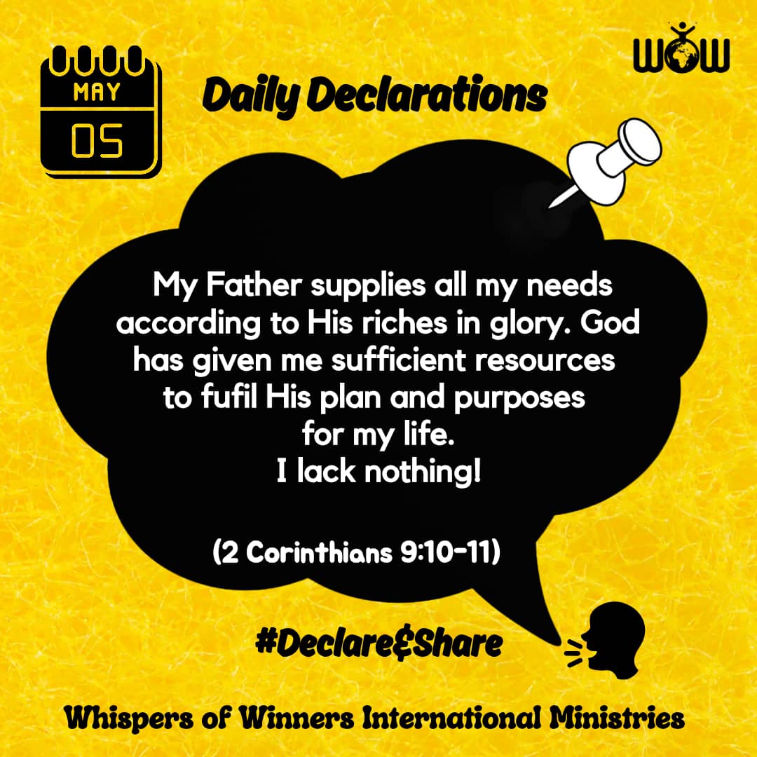 WinnersWhispers's tweet image. Declare this:

My Father supplies all my needs according to His riches in glory. God has given me sufficient resources to fufil His plan and purposes for my life.
I lack nothing!

#Declare&amp;amp;Share
#WhispersofWinners