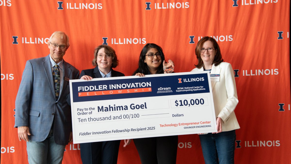NCSAatIllinois (@ncsaatillinois) on Twitter photo Congrats to Mahima Goel, the 2025 Fiddler Innovation Fellowship award recipient! #NCSA presented Goel, a <a href="/ILLINOISmed/">Carle Illinois Med</a> student, with the $10,000 fellowship, part of a $2 million endowment from Jerry Fiddler and Melissa Alden to the <a href="/UofIllinois/">University of Illinois</a>. ncsa.illinois.edu/ncsa-awards-20… Congrats to Mahima Goel, the 2025 Fiddler Innovation Fellowship award recipient! #NCSA presented Goel, a <a href="/ILLINOISmed/">Carle Illinois Med</a> student, with the $10,000 fellowship, part of a $2 million endowment from Jerry Fiddler and Melissa Alden to the <a href="/UofIllinois/">University of Illinois</a>. ncsa.illinois.edu/ncsa-awards-20…