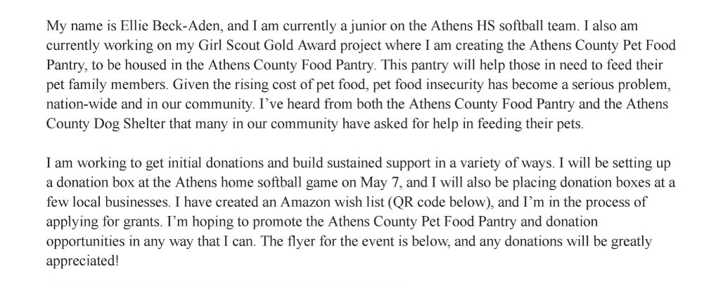 Wednesday May 7 Athens Junior softball player Ellie Beck-Aden is organizing a pet food drive at the varsity softball game!! Come out and support the dogs and help our local pets in need! 🐶 🐾 #GoDOGS