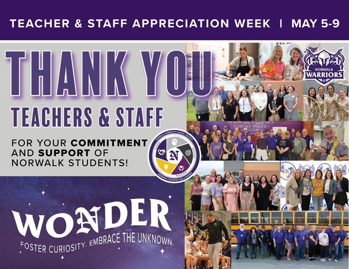 This week, we celebrate the heart of our schools — the incredible teachers and staff of Norwalk CSD! 🍎
Whether you're in the classroom, the cafeteria, the office, or working behind the scenes — your impact is felt across our schools and community, and we are deeply grateful! 💜