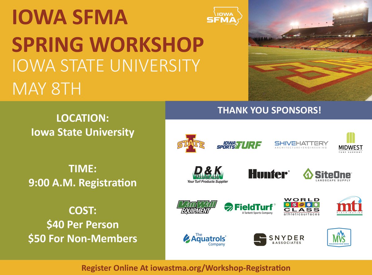 There's still time - Register today for the Iowa SFMA Spring Workshop at Iowa State May 8th! Great tours, talks and demos all planned for this event so don't miss out! Register today at iowastma.org/Workshop-Regis…