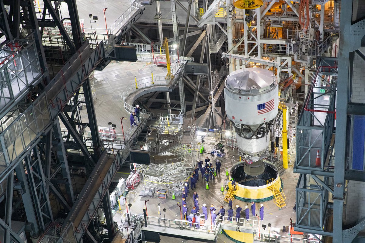 NASAGroundSys's tweet photo. Last week, teams completed stacking the interim cryogenic propulsion stage (ICPS) atop @NASA_SLS for the @NASAArtemis II mission. The ICPS is an in-space rocket stage that provides propulsion to @NASA_Orion during the first three Artemis missions.

Read more about the upper stage here: https://t.co/1F1nM79ssU