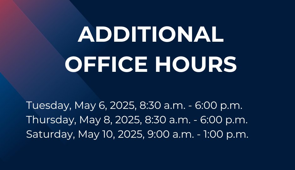 Our office at 12220 W. Center Road will be open every weekday, Monday through Friday, from 8:30 AM - 5 PM through May 12.  It will also be open additional hours this week.
During early voting, our office functions as a polling place so electioneering is prohibited.