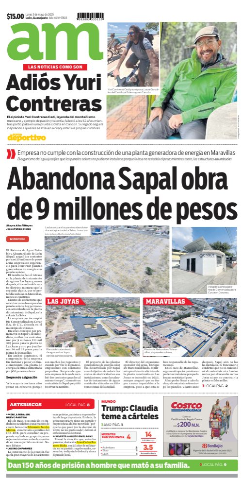 periodicoam's tweet photo. 📰 Comienza tu día con Las 8AM. Suscríbete a nuestro newsletter https://t.co/OJ8bUBsyzA

1️⃣ Sapal abandona obra de paneles solares asignada a proveedor inexperto por 20 millones de pesos https://t.co/aQWRYoGNpB

2️⃣ ¿El tren de pasajeros llegará a León y Silao? Gobierno de Libia aún no tiene datos oficiales https://t.co/CM0lnBq9nk

3️⃣ GTO Leasing no es caso cerrado: Morena y MC presionan para auditar arrendadora de Diego Sinhue https://t.co/1LwaNz3qWc

4️⃣ Taxistas acusan ofensa: pagan al estado casi 2 mil 400 pesos al bimestre para operar bajo permiso https://t.co/9kFm5Pw487

5️⃣ Tribunal federal tumba primera sentencia condenatoria en caso de la Estafa Maestra https://t.co/adUFr1N1pk

6️⃣ Trump tunde a Sheinbaum por rechazar su intervención militar: "tiene miedo a los cárteles" https://t.co/OjXlhKRWRX

7️⃣ Esto se sabe de la serie grabada en Guanajuato ‘Amor sin mentiras’ protagonizada por Altair Jarabo https://t.co/wicduIRYrV

8️⃣ Fallece Yuri Contreras mientras competía en el ‘Tour de Francia’ en Cancún https://t.co/SGTGJrKYHA