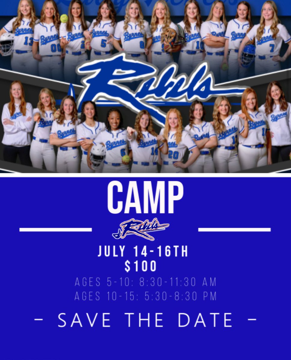 🚨Save the Date 🚨 
2025 Lady Rebel Softball Camp 🥎
July 14th - 16th  🗓️
Online registration coming soon!