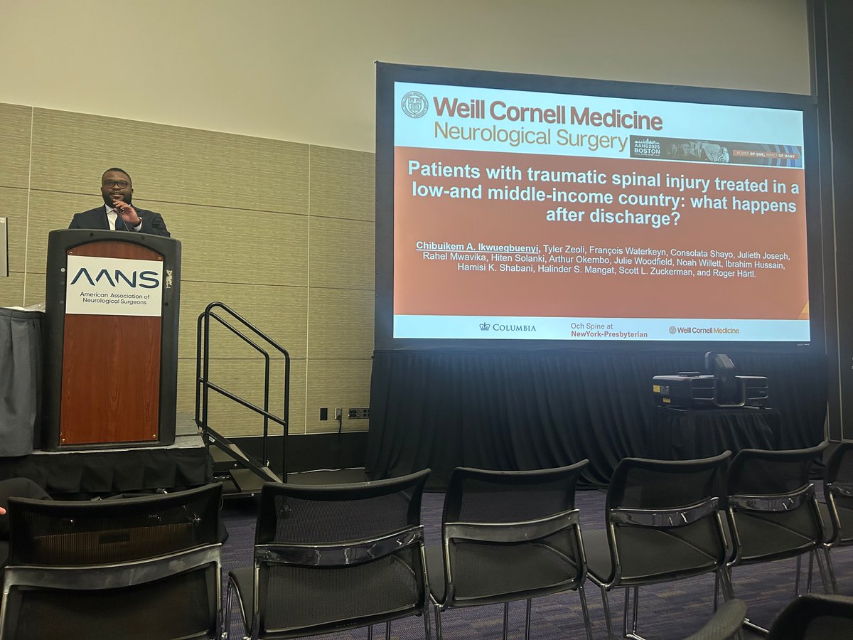 AANSCNStrauma's tweet image. Congratulations to Dr. Chibuikem A. Ikwuegbuenyi on receiving the Charles Tator Spinal Cord Injury Resident Research Award at #AANS25. His work was entitled "Patients with Traumatic Spinal Injuries Treated in a Low-Middle Income Country:
What Happens After Discharge?".