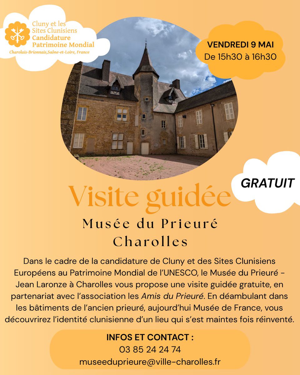CharoBrioCluny's tweet photo. 👉 Idée sortie !
📆Rendez-vous le 9 Mai à 15h30 au Musée du Prieuré à Charolles  pour une visite gratuite axée sur l'identité clunisienne du site !
📌Infos et contact :
03 85 24 24 74
museeduprieure@ville-charolles.fr
 #charolles #tourisme #visite #histoire  #patrimoine #culture https://t.co/7c5R6GZTZC