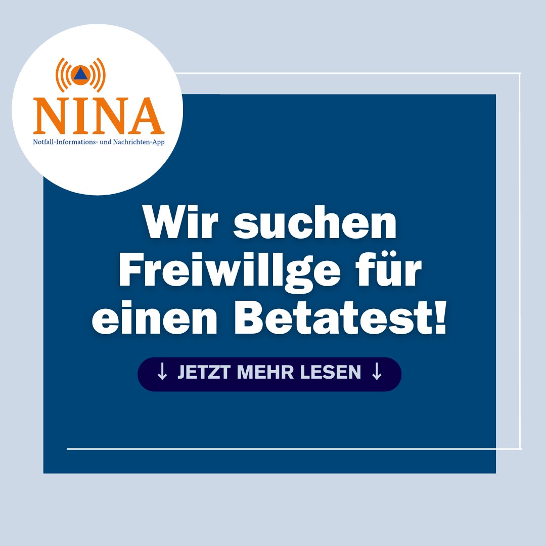 Sie wollen uns helfen, die Warnung in Deutschland noch besser zu machen? Dann nehmen Sie am Betatest der Warn-App NINA teil!
💡Zeitraum: 05.5 - 23.5
💡 Was wird getestet? Verbesserungen zur Standortermittlung durch Geofencing
💡 Wie kann ich teilnehmen?  bbk.bund.de/nina-betatest !