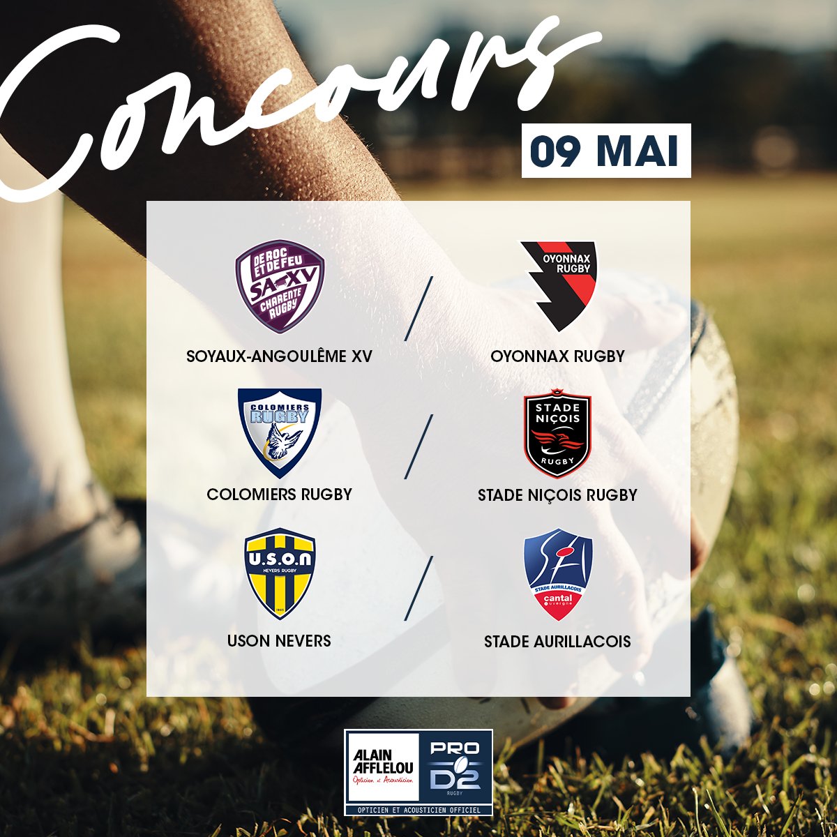 [CONCOURS🏉] 2 places pour l’un de ces 3 matchs à gagner ! 
Pour participer : 
- Follow <a href="/Afflelou/">ALAIN AFFLELOU</a> et <a href="/rugbyprod2/">Rugby PRO D2</a> 
- Commentez ce tweet avec le match auquel vous aimeriez assister 
Tirage au sort le 07/05 
🍀Bonne chance à tous ! #Concours #rugby