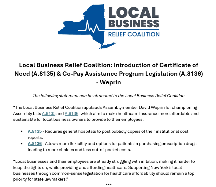 LocalBizRelief's tweet image. Thank you, Assemblymember @DavidWeprin, for championing legislation that helps make healthcare more affordable for local businesses in NY! We&apos;re happy to have your support.

Read our statement🔽: localbizreliefny.com/wp-content/upl…