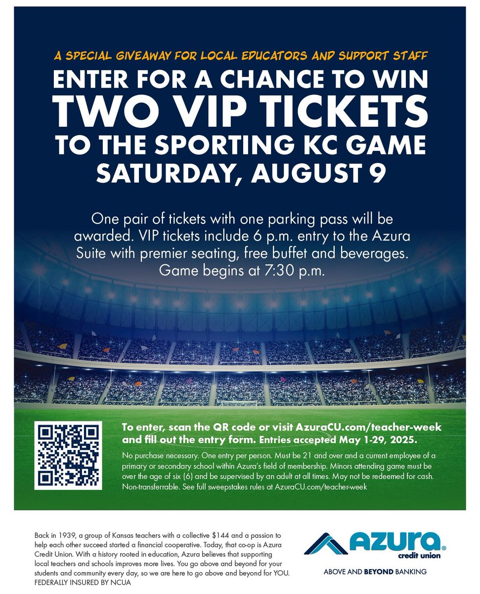 🎉 Happy Teacher Appreciation Week! We love and appreciate ALL of our OPS staff and teachers and so does our partner Azura Credit Union! 

💙 Azura has a special opportunity for teachers and support staff to win TWO VIP tickets to a Sporting KC game on Saturday, August 9.