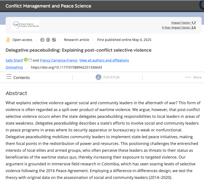Dr. Sally Sharif (@sally_sharif1) on Twitter photo Our new paper <a href="/cmpseditors/">Conflict Management & Peace Science</a> explains a post-conflict security challenge. Why does war end but prominent civil society actors get assassinated? Transitions from conflict are risky for community leaders with the responsibility to build peace.
doi.org/10.1177/073889… Our new paper <a href="/cmpseditors/">Conflict Management & Peace Science</a> explains a post-conflict security challenge. Why does war end but prominent civil society actors get assassinated? Transitions from conflict are risky for community leaders with the responsibility to build peace.
doi.org/10.1177/073889…
